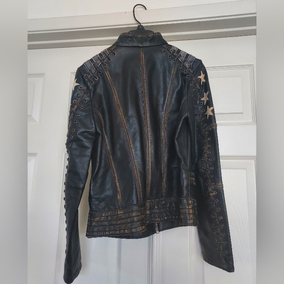 Black Rivet (Wilsons Leather) Distressed Leather Jacket with Star Details, S - Picture 2 of 11